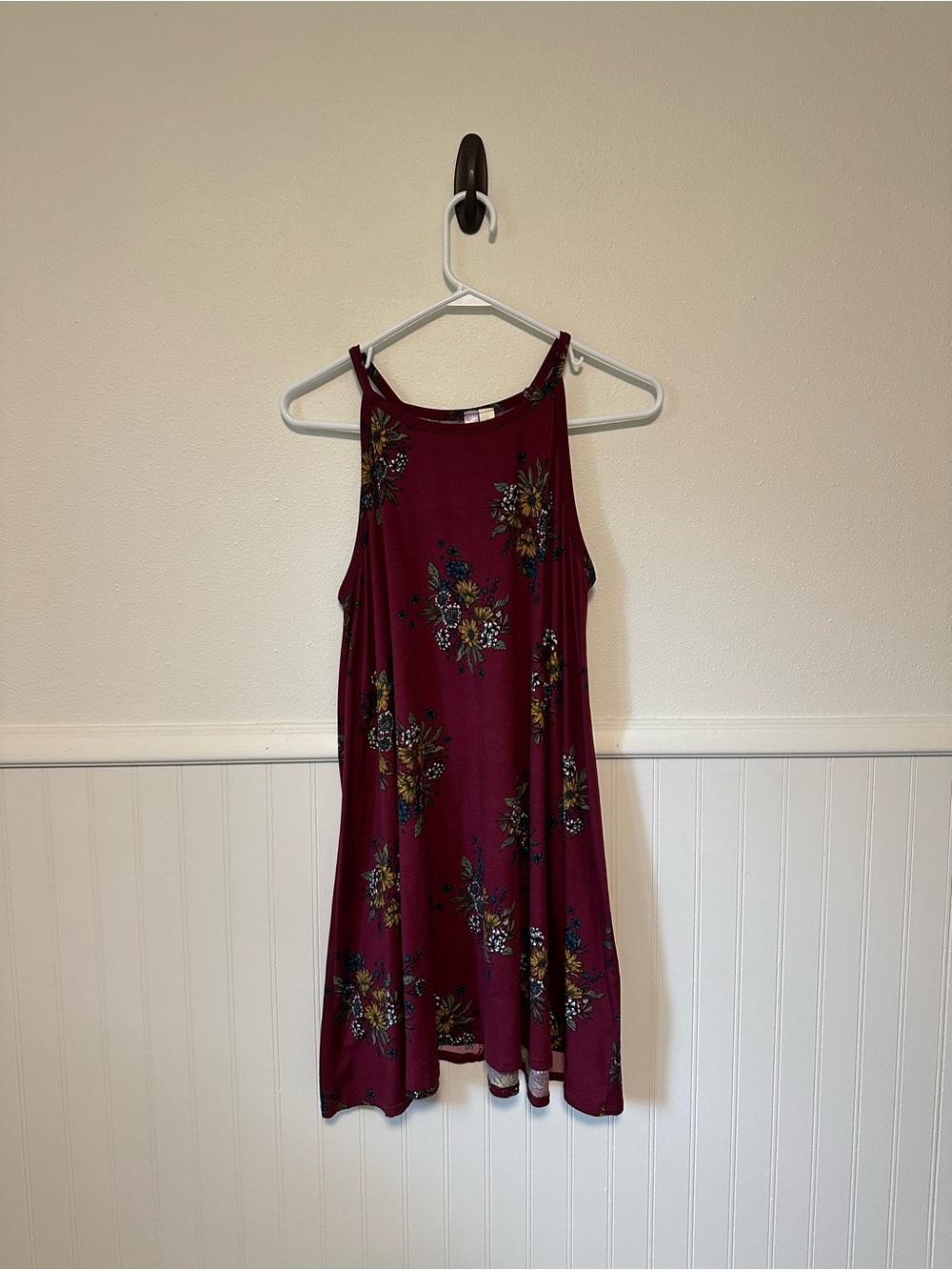 Alya Women's Burgundy Floral Swing Dress Boho Mini Sundress - Size L fits M